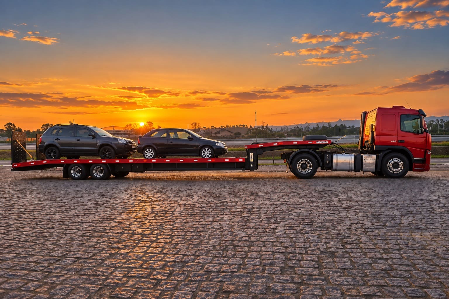 Transporte de veículos leves sobre plataforma rebaixada
